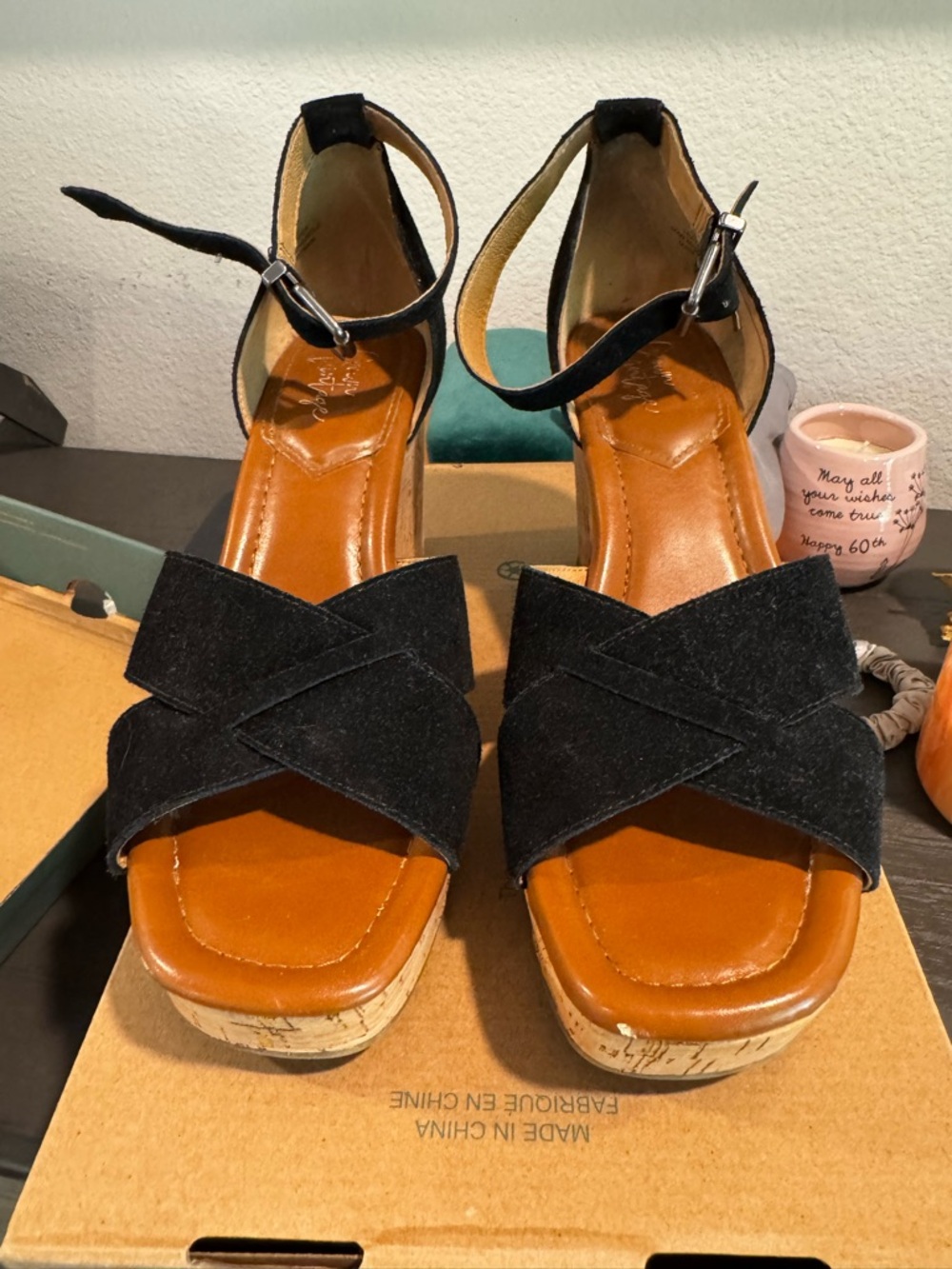 Crown Vintage Black Suede Crisscross Ankle Strap Wedge Sandals